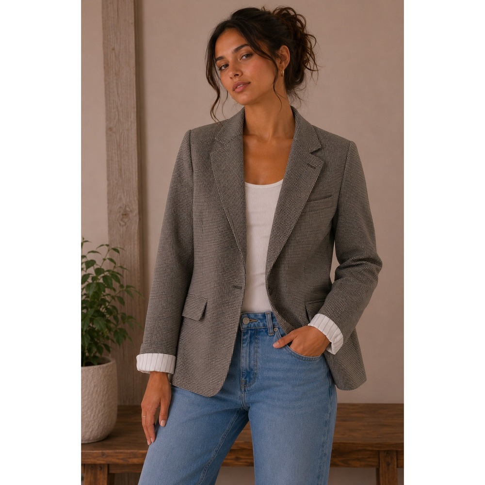 Houndstooth Single Breasted Blazer Grey Black Pinstripe Cuff Lining Jacket